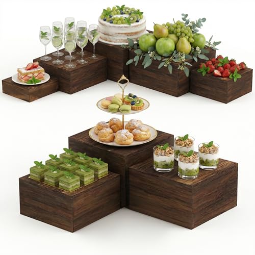 OINETRK Brown 8-Piece Multi-Size Wooden Buffet Risers Set for Catering & Events