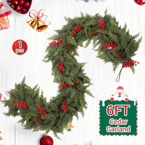 6ft Christmas Cedar Garland with Red Fruits & Pine Cones – Fake Greenery 6FT KARAVA