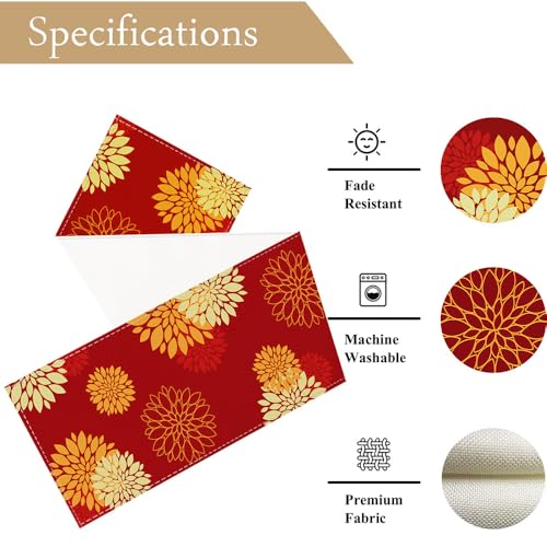 WHOMEAF Red Yellow Dahlia Burlap Table Runner 13 x 48 Inch - Christmas Decor