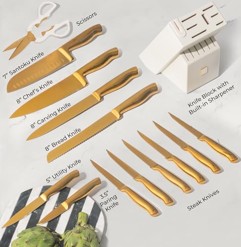 Gold Knife Set with Block & Sharpener - 14-Piece Kitchen Cutlery Collection