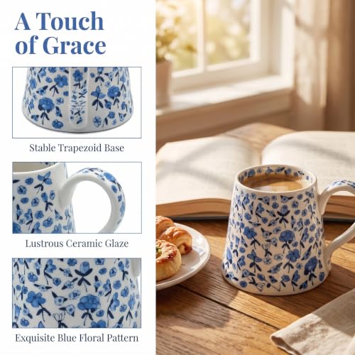 MOCERAKAI Blue Large Ceramic Flower Mug 13.5oz - Handmade Irregular Tea Coffee Cup for Women