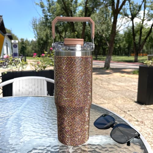 30oz Rhinestone Bling Insulated Travel Tumbler with Handle & Leakproof Lid - Coffee Edition