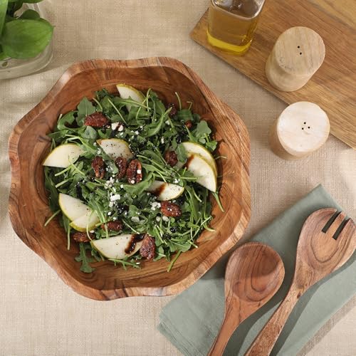 Acacia Wood Salad Bowl Set with Servers - 12-Inch Rustic Serving Dish with Utensils - Sandhurst / Acacia Wood 3-Piece Set