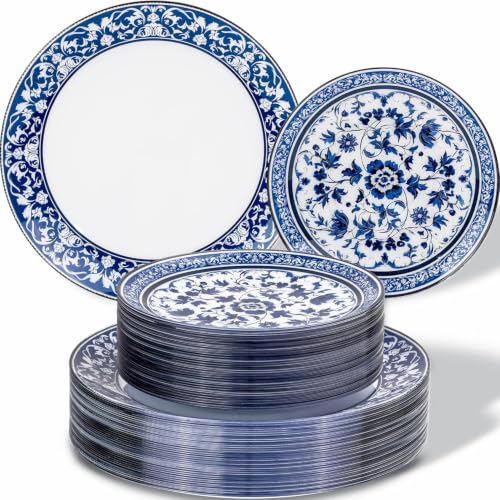 Hioasis Blue Plastic Dinner & Dessert Plates Set for 30 Guests - White & Blue