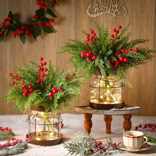 Knitgrip Christmas Norfolk Berries Picks with Glass Vase & LED Lights - 2 Set
