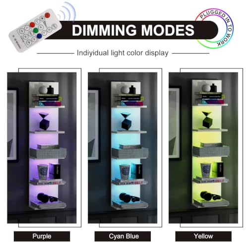 RGB Light 5-Tier Wall Shelf Unit - White, Modern Floating Shelves with Remote