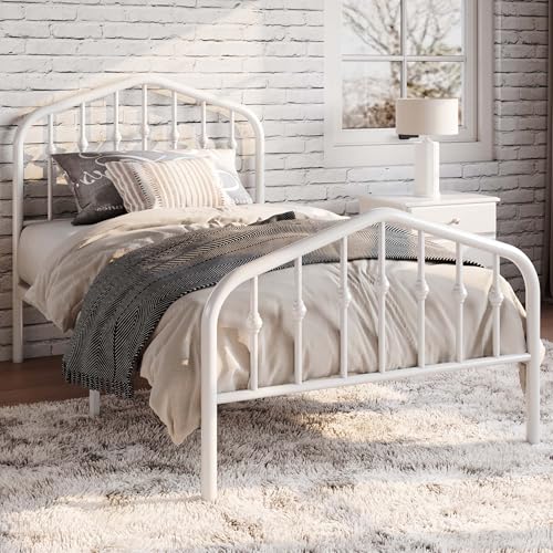 Twin Size Metal Bed Frame with Wrought Iron Headboard - White, Rustic Style