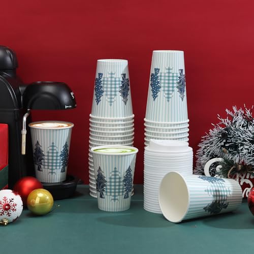 Tamone 100 Pack 16OZ Christmas Disposable Coffee Cups with Blue Tree Lids