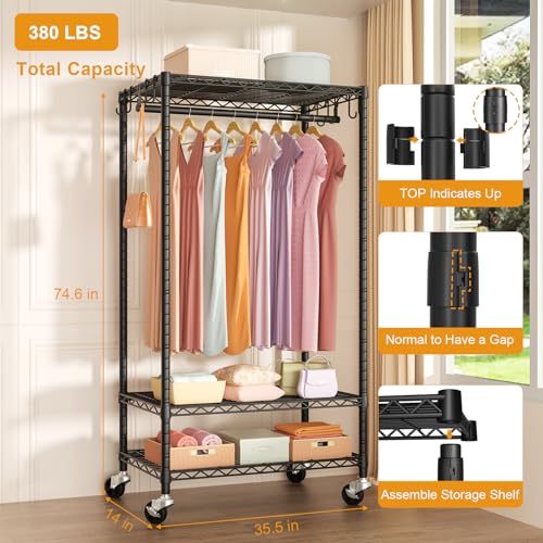 FUTASSI Black Rolling Clothes Rack with Adjustable Shelves & Heavy Duty Support