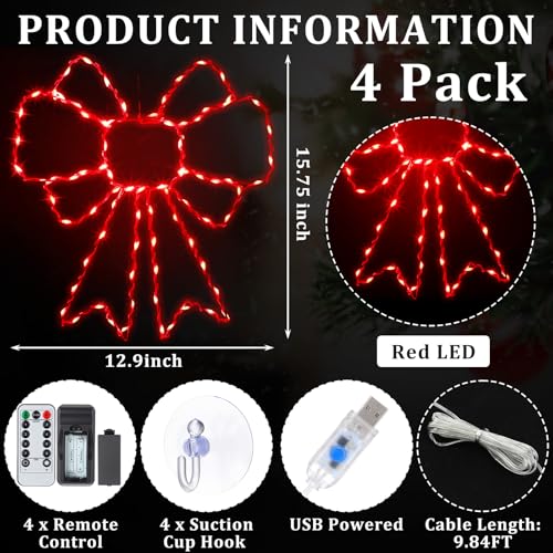 Riakrum 4 Pack Christmas Window Silhouette Lights with Bows - 80 Red LEDs, USB Powered, 8 Modes, Timer, Indoor Outdoor Holiday Decor