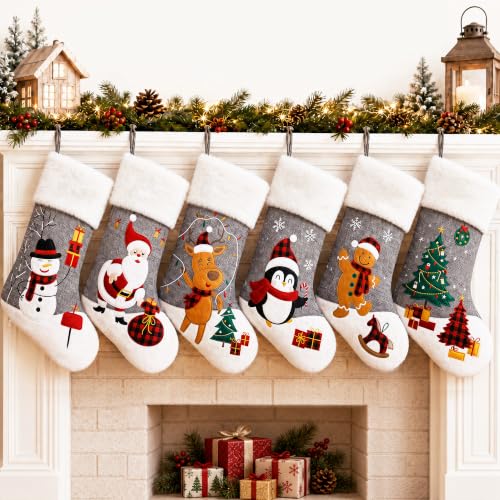 CARAKNOTS 6-Pack Grey Christmas Stockings Set of 20 Inches Burlap with Faux Fur Cuff - Holiday Home Decor