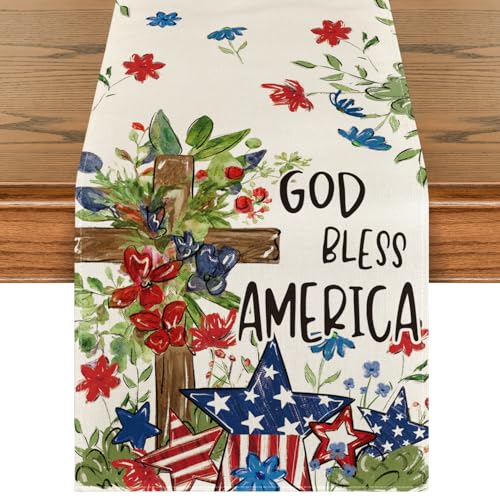 Artoid Mode 13x48in Cross Star Floral 4th of July Table Runner