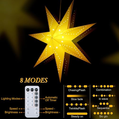 Hiboom 4 Pack 24 Inch Paper Star Lanterns with 8 Mode LED String Lights for Indoor Outdoor Decor, Wedding, Christmas, Party