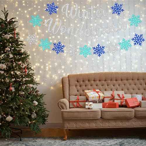 3 Pcs Winter Wonderland Banner Glittery Blue Silver Christmas Decorations Snowflake Banner for Winter Wonderland Frozen Themed Christmas Holiday Party D?cor