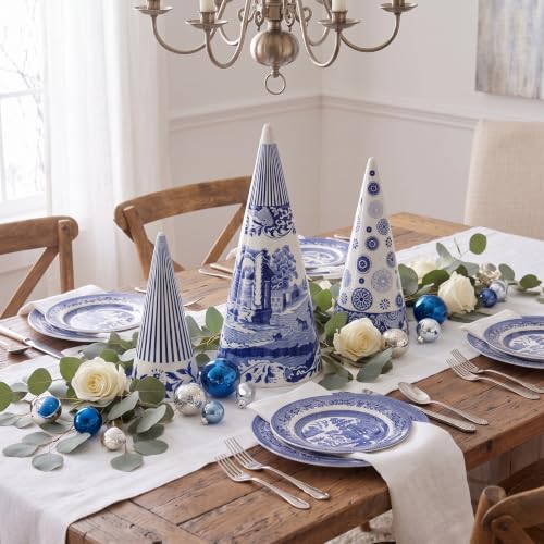 Reallnaive Blue and White Porcelain Christmas Tree Set - Chinoiserie Holiday Decor, 3 Sizes