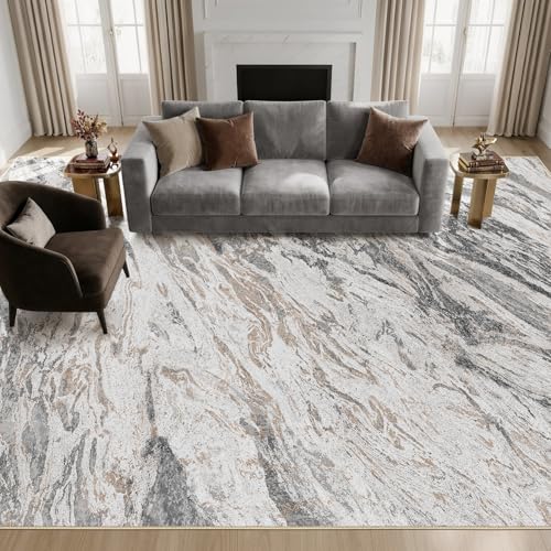 9x12 Taupe Washable Area Rug - Modern Abstract Non-Slip Carpet for Living Room & Bedroom
