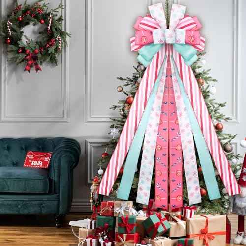 DIYDEC Pastel Christmas Tree Topper 43x13 Inches Large Christmas Tree Toppers Bows Pink Wreath Bow for Xmas Ornaments Party Holiday Home Wedding Decoration