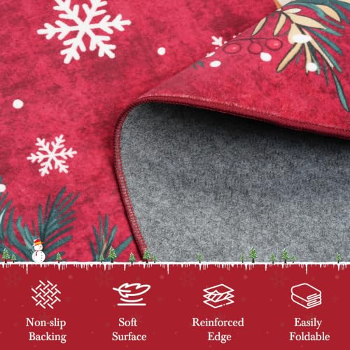 Famibay 6ft Round Christmas Rug with Reindeer & Holiday Design - Washable & Non-Slip Red Living Room & Bedroom Decor
