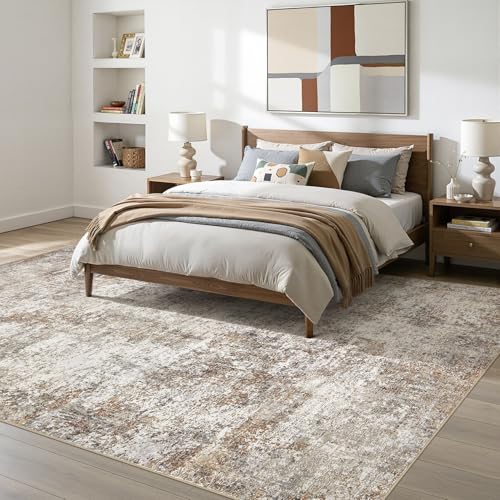 Natunest 9x12 Brown & Grey Washable Area Rug - Non Slip, Abstract Pattern