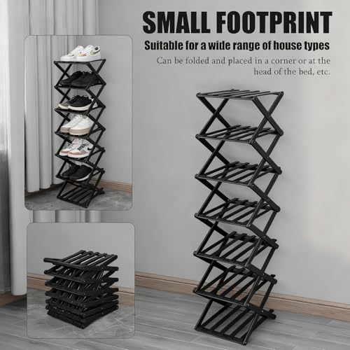 Foldable 7-Tier Vertical Shoe Rack - Black, Space-Saving & Portable