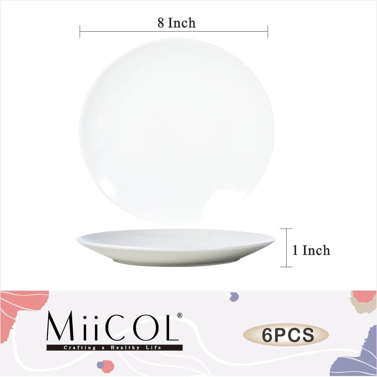 Miicol Ceramic Appetizer Plates - Set of 6 White 8-Inch Porcelain Dessert Plates | Modern Round Design, Microwave & Dishwasher Safe