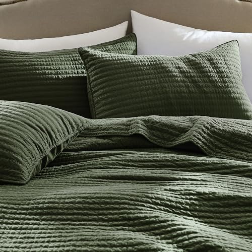WDCOZY Olive Green King Size Cotton Quilt Set with Channel Pick Stitch - 106x96