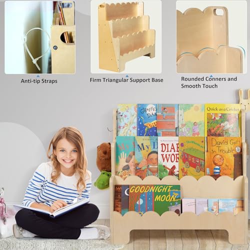 Tohiasen 3-Tier Kids Wooden Bookshelf, Scalloped Nursery Book Storage, Anti-Tip Design