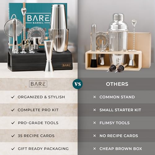 Bartender Kit Bar Set with 28oz Boston Shaker - Silver & Black - 14 Piece Cocktail Mixing Tools & Recipe Cards
