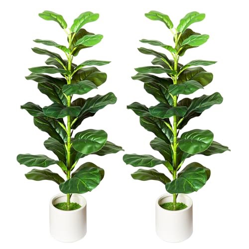 Artificial Fiddle Leaf Fig Tree Set - 35 Inch Indoor Outdoor Faux Plant with Pot, 2 Pack