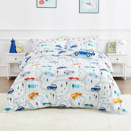 Mooreeke Bed in a Bag for Kids Boys Teens, 6 Pieces Twin Size Comforter Bed Set with Shams, Sheet Set and Decorative Toy Pillow, Cars White Super Soft Microfiber Kids Comforter Bedding Set