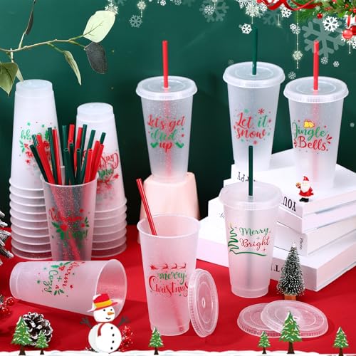 Funnymoom Christmas Plastic Cups with Lids and Straws, 24oz, Red & Green, 24 Pack