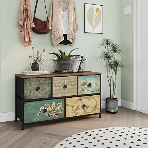 Fabric Dresser with 5 Drawers and Retro Floral Pattern – Bedroom Storage Chest, Wooden Top, 39W x 21.5H inches - Variation of THIS listing