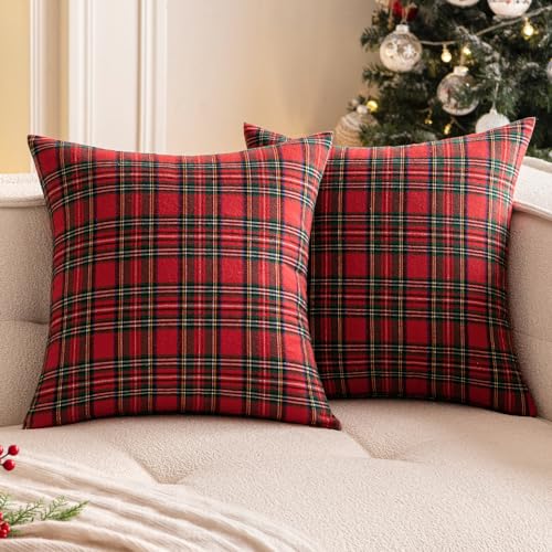 Woaboy Christmas Set of 2 Scottish Tartan Throw Pillow Covers Farmhouse Classic Plaid Decorative Couch Pillows Home Decor for Sofa Living Room Bed 18x18 Inch, Red