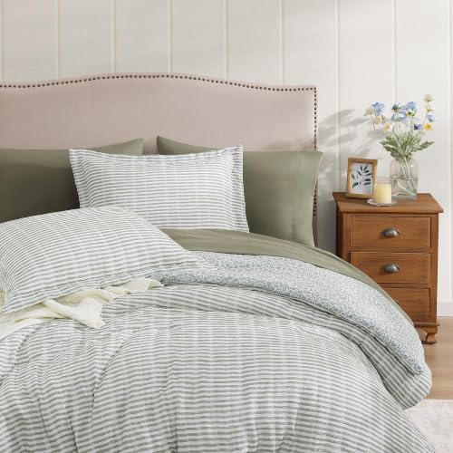 BLOOMHAVEN Queen Comforter Set - Reversible Green Plaid Floral Bedding 7 Pieces - Green Tea Variation