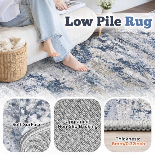 TENGTENGLINK Blue 8x10 Modern Abstract Washable Area Rug for Living Room & Bedroom
