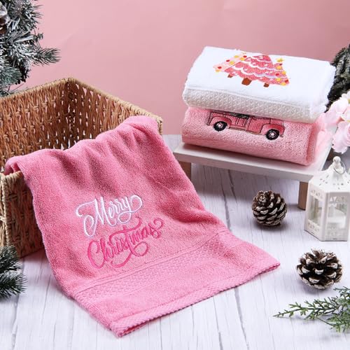 Pink Christmas Hand Towels Set - 3 Embroidered Holiday Bathroom & Kitchen Decor, Merry Christmas & Light Pink Variation