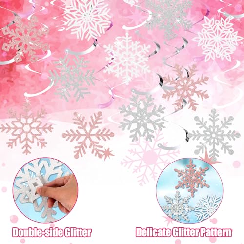 30Pcs Winter Snowflake Hanging Swirl Decorations, Pink White Silver Christmas Glitter Snowflake Hanging Swirls Ornaments Ceiling Streamers for Xmas Winter Wonderland Frozen Birthday Party Supplies
