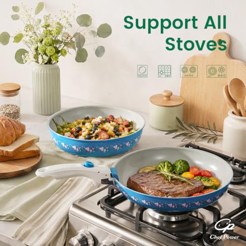 Chef Power 14-Piece Ceramic Cookware Set with Detachable Handles - Non-Toxic, Induction, Dishwasher & Oven Safe, Turquoise