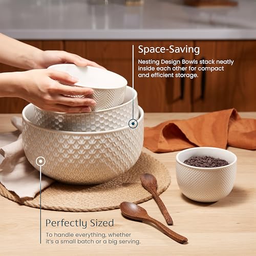 KooK Ceramic Nesting Bowls Set of 4 - Embossed Ivory Oven Safe Kitchenware