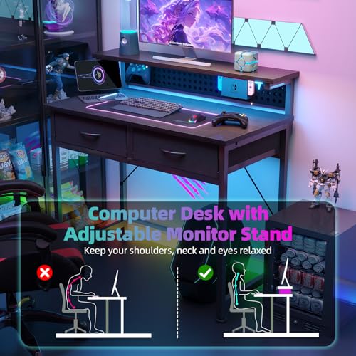MUTUN 31 Inch Black Computer Desk with Drawers, Adjustable Monitor Stand & LED Light