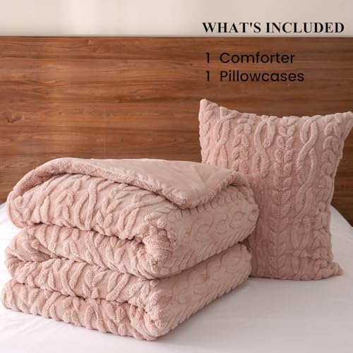 PHF Fluffy Sherpa Fleece Twin Comforter Set, 2 Pieces Warm Fuzzy Soft Bedding for Winter, 3D Tufted Flannel Plush Shaggy Bed Set, 1 Comforter (68"x90") and 1 Pillowcase (20"x26"), Pink