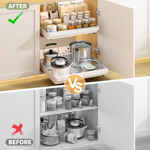 DOMNIU Expandable White Pull Out Cabinet Organizer 16.9" Depth - 2 Pack