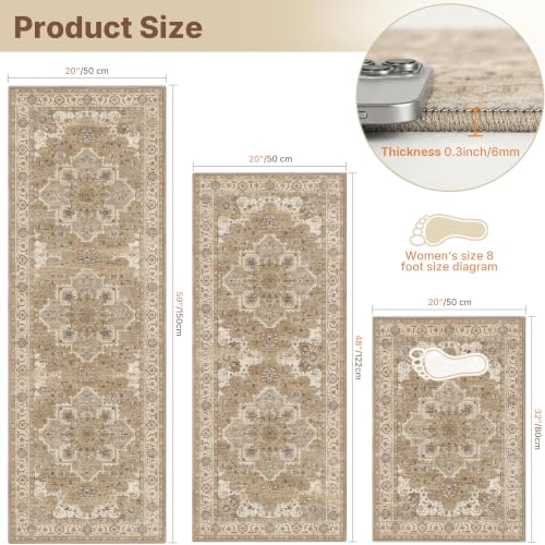 Beige Cream 3-Piece Kitchen Rug Set with Runner, Non-Slip Boho Mat, Washable Low Pile