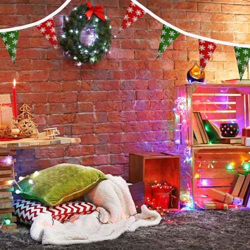 100FT Christmas Plastic Flags, Holiday Pennant Banner, Green and Red Garland with White Snowflakes, Xmas Decoration Triangle Flags, Winter Decoration Bunting Banner, by Bashout