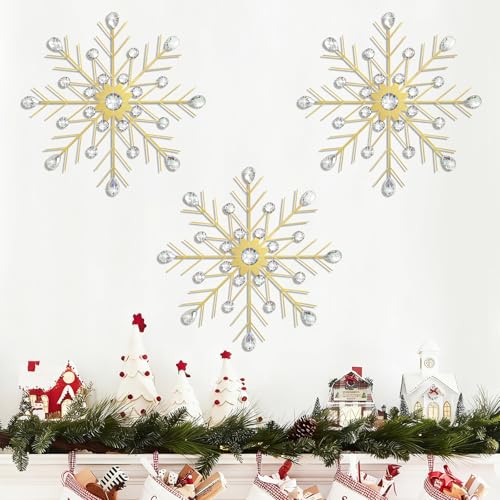 Gold 3-Piece Snowflake Starburst Wall Decor Set - 13.5in Crystal Rhinestone Metal Art