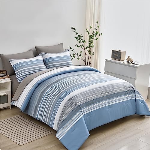 Full Size Striped Comforter Set - 7 Piece Bed in a Bag Light Blue