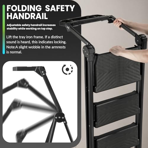 XinSunho 4 Step Ladder, Heavy Duty Steel with Foldable Handrail &