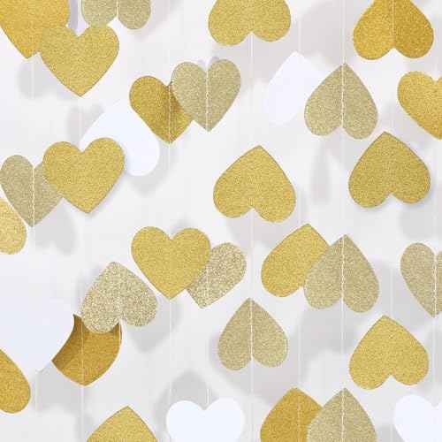 Gold Wedding Engagement Party Decorations: Champagne Glitter Hearts Banner Garland Streamers Backdrop for Bachelorette Bridal Baby Shower Anniversary Birthday Christmas Valentines Day D?cor - 52 Ft