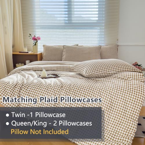 Tan Gingham Queen Comforter Set - 3 Pieces, Bedspread & Pillow Shams