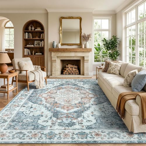 9x12 Light Blue Vintage Washable Area Rug for Living Room & Bedroom - SimpWalnut